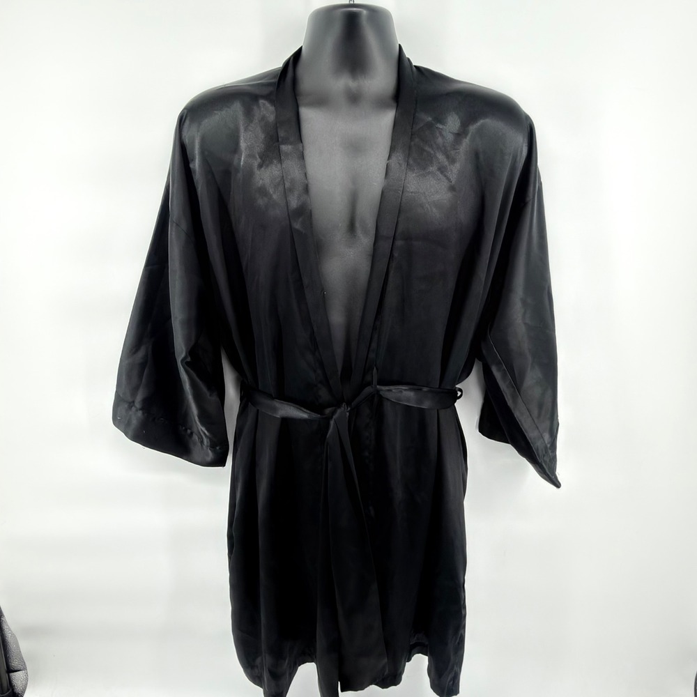 Mystique Intimates Robe Womens One Size OS Black Satin Kimono Sleepwear